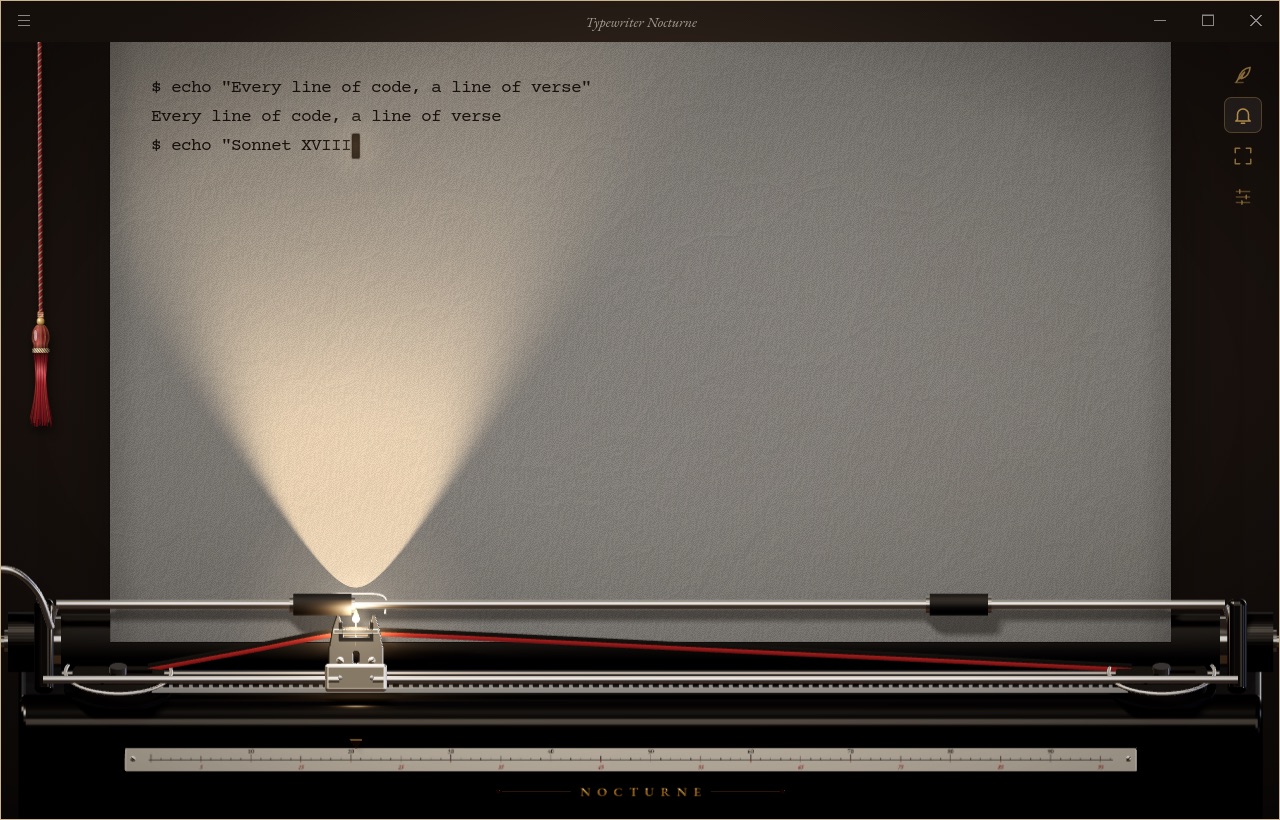 Typewriter Nocturne in the Paper & Ink theme, a shell on lit onionskin paper above a 3D typewriter