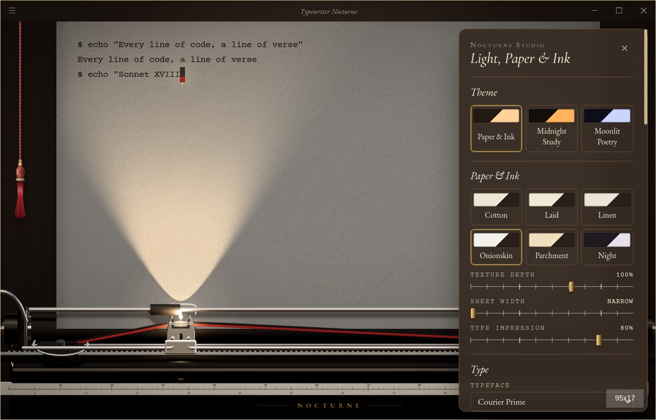 The Studio panel with themes, papers and type